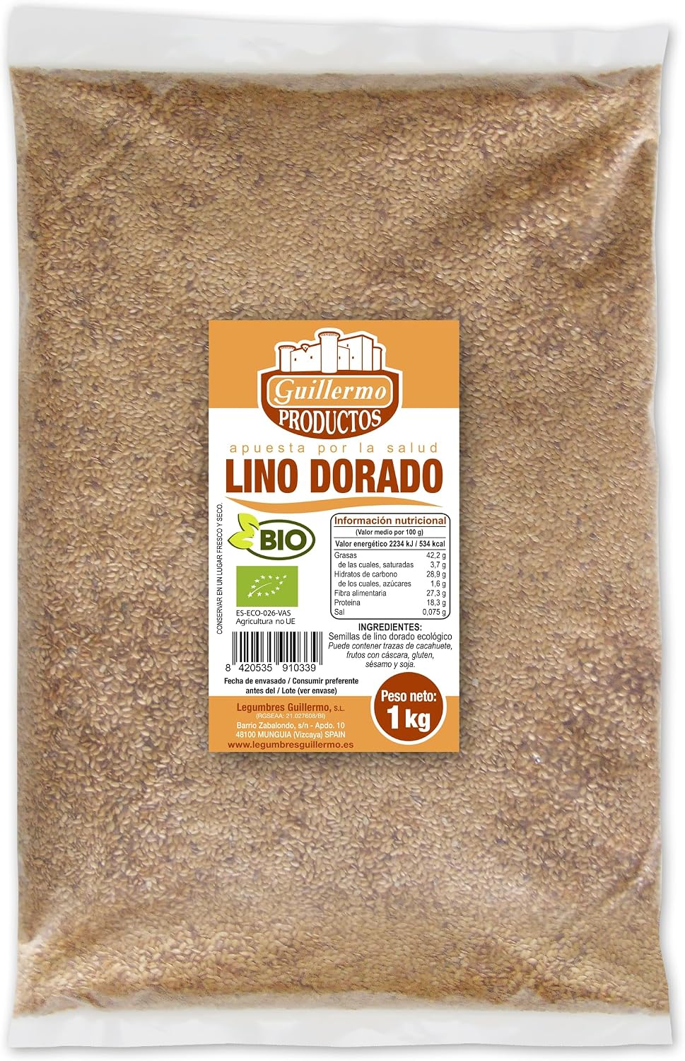 Guillermo | Semillas de lino dorado BIO - 1 Kg. | 100% ecológicas | Ácidos grasos Omega-3 y fibra | Reducción del colesterol