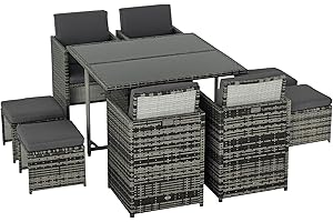 Outsunny 8 Seater Rattan Cube Garden Furniture Set, Rattan Dining Set with Cushions, Outdoor Dining Table and Chairs with 4 Armchairs, 4 Stools, Square Glass Top Table, Mixed Grey