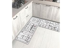 Yugarlibi Kitchen Mats Sets 2 Piece PVC Kitchen Rug 10mm Thick Waterproof Non-slip Anti Fatigue Oil-Resistant Kitchen Rug Runner Washable Black & White Standing Mats for Kitchen Home 44x74+44x119cm