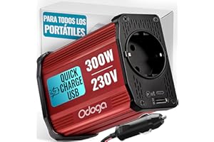Odoga inversor 12v a 220v 300W para Coche, Convertidor con USB-C y USB-A - Adaptador Mechero Coche a Enchufe - Cargue Sus Dispositivos Electrónicos en Autocaravanas, Camper Furgoneta