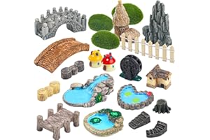 QUOZUO 21 Pièces Jardin de Conte de fées Mini Accessoires Maison Pont Paysage puits d'eau clôture Statue étang Champignons pelouse Jardin Ornements Bricolage Artisanat charnue décoration