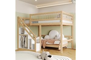 ‎JOVIFY Etagenbett 140x200, Kinderbett Hochbett mit Treppe und Aufbewahrungsschrank, Funktionsbett Doppelbett Stockbett Spielbett Kinderhochbett Jugendbett mit Lattenrost, Massivholz, Ohne Matratze,Holzfarbe