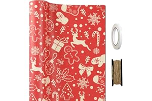 FullJoyHut Rouleau de Papier Cadeau de Noël - Papier Kraft 43cm x 15m à Motif Flocons de Neige Rouges - avec Adhésif et Ficelle de Jute – pour Emballage Cadeau & Calendrier de l’Avent