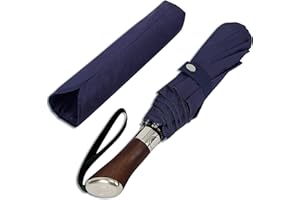 Balios (Designed in UK) Travel Folding Umbrella Lux Hardwood Handle Auto Open & Close Windproof Single Canopy