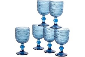 Baroni Home Bar Set de 6 Copas de Vidrio Decoradas con Acabados en Relieve de 20 CL, Copas para Vino y Agua Lavables en Lavavajillas, 8x8x14,5 cm, Azul