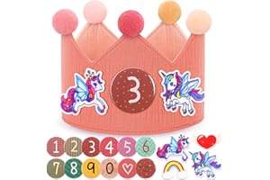 POOTACK Geburtstagskrone Mädchen & Junge, Musselin Geburtstag Krone Zweifarbig, 12 Klett Button mit Zahlen, Geburtstagskrone Mädchen mit Filzdekorationen - Party Deko für den Kindergeburtstag