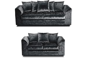 Furnishings For Less UK New Black Crushed Velvet Sofa Suite 3 Seater + 2 Seater | Crystal Scatter Back (Black, Sofa Set 3 + 2)