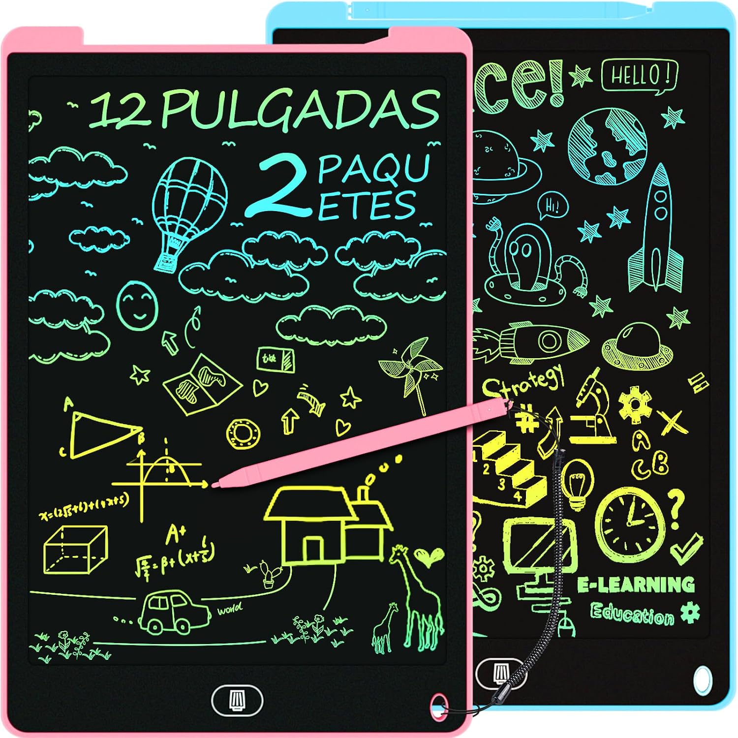 12 Pulgadas 2 Packs Tableta Escritura LCD, Electight Tablet Escritura Pantalla Colorido Infantil, Juguetes Educativo Niños con Borrable y Bloqueo Función, para el Hogar, Escuela, Azul, Rosa