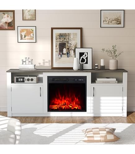 M.C.Haus Elektrische open haard met tv-standaard, 58,8 cm open haard, voor tot 143,9 x 80 cm tv, moderne houtstructuur, entertainmentcentrum met ledlicht, highlight-kast en glazen front, 147,3 cm