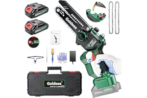Goldsea Mini motosega con batteria, batteria da 6 pollici con batteria e caricabatterie, motore senza spazzole, lubrificazione automatica della catena e tensione senza attrezzi, motosega portatile a