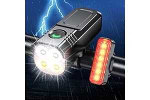 Babacom Lampa rowerowa z przodu i z tyłu [reflektor i wiązka powodzi, 8+6 trybów oświetlenia], mocna wodoodporna lampa rowerowa LED, ładowanie USB, oświetlenie rowerowe do rowerów górskich, stop