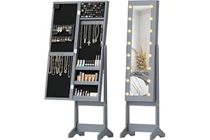 HOMCOM Freestanding Mirror Jewelry Cabinet with LED Lights, Jewellery Organiser with 3 Angle Adjustable, Full-Length Mirror with Storage for Earrings, Necklaces, Rings and Lipsticks, Grey