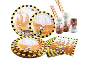 Aitsite 100 Stück Partygeschirr Set , Bagger Party Papptellerfür 20 Gäste, Wiederverwendbar Papier Geschirr Set mit Papierteller Becher Servietten