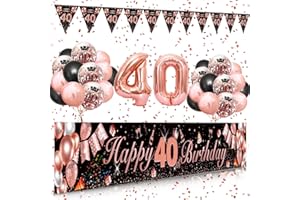 40th Birthday Decorations for Women, SWPEED 40th Birthday Decoration Kit with Rose Gold Happy 40th Birthday Banner, Black Rose Gold Balloons Confetti Balloons, Number 40 Balloon Triangle Flag Banner