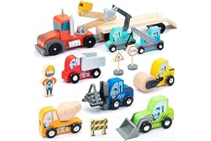 UMU® Set di giochi per veicoli da costruzione in legno per bambini, compatibile con i set ferroviari Brio World e altre marche, giocattolo contiene escavatore, gru, rullo e altro, set da 14 pezzi per