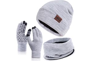 Nertpow Mütze, Schal & Handschuh-Sets für Damen Herren, Touchscreen Handschuhe Winter Beanie Mütze Stricken mit Fleece Gefüttert Schal Halswärmer Schlauchschal set