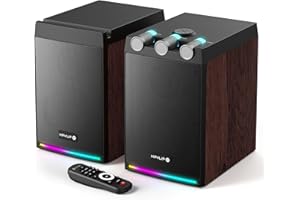 HPYLIF·H 100W Powered Bluetooth Bookshelf Speakers,2.0 Wireless Hifi Speaker With Subwoofer and Led Light,Dynamic 3D Surround Sound,for Home Music,Vinyl records, Home Theatre, Gaming,TV -Wood Grain