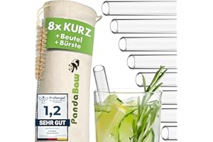 PandaBaw® Glas Strohhalm Kurz [NOTE "SEHR GUT"] - 8x Glasstrohalme Kurz 15cm - Trinkhalme Glas Strohhalm Wiederverwendbar - Glasstrohhalme klein BPA frei - Glashalme mit Beutel Bürste & Rezepte