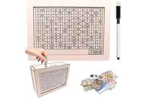 Y.A. LOTUS Tirelire avec Compteur pour 7000 Euros, marquage Amovible en Bois – Caisse à Monnaie réutilisable avec Cible à Cocher