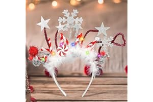 Mecctuck Tocado de Navidad, diademas de Navidad, diadema de Navidad con plumas luminosas, copos de nieve brillantes, estrella, accesorio de Navidad para niñas y mujeres, accesorio de fiesta de Navidad