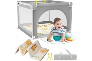 YUMBOT Parc bebe,90x90cm Parc Bebe avec Tapis, Petit Parc Bébé Pliable, Parc Enfant avec Maille douce Respirante, Parc Bebe Modulable avec Base Antidérapante, Intérieur et Extérieur Parcs