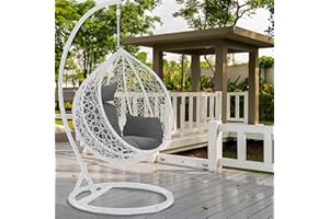 Divine Style Garden Swing Chair - Premium Rattan & Steel Hanging Egg Chair with FREE Waterproof Cover (White with Urban Grey Cushion)