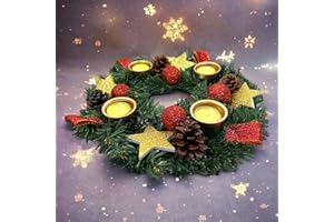 MIJOMA Corona de Adviento artificial, corona de Adviento para velas de té, decorada con piñas, estrellas con purpurina, bolas de purpurina, cintas con 4 portavelas de 30 cm de diámetro