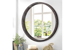 JJUUYOU Circle Wall Mirror 40CM Round Wall Mirror for Bathroom, Farmhouse Brown Circular Mirror Washroom Wall Decor Wood Frame Mirror for Living Room, Bedroom, Dorm Decorative