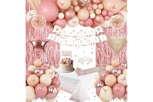 WEQTWL Retro Blush Pink Birthday Party Decorations, Boho Happy Birthday Banner, Dusty Pink Rose Gold White Sand Nude Balloons, Sash, Crown, Butterfly, Fringe Curtain, Tablecloth for Women Girls Princess