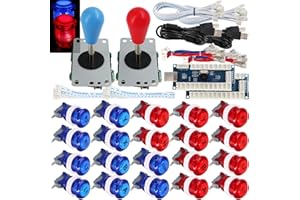 SJ@JX 2 Player Arcade Game Stick DIY Kit Buttons with Logo LED 8 Way Joystick USB Encoder Cable Controller for PC MAME Raspberry Pi Red Blue