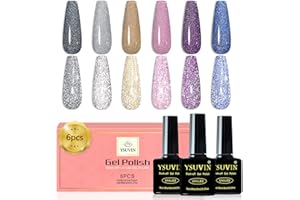YSUVIN Vernis Semi Permanent Pailleté, 6 Couleurs Argent Gris Jaune Rose Violet Marine Étincelle Diamant Flash Vernis à Ongles Gel Paillettes Réfléchissants Soak Off UV pour Femme DIY Nail Salon