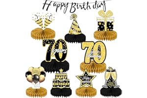 KEPMOV 70th Birthday Table Centerpieces & Happy Birthday Banner, 9 Pieces Black Gold Birthday Table Honeycomb centerpiecs Decorations, Table Decorations for Photo Booth Props Men Woman Birthday Supplies