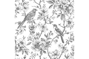 CHDITB Vintage Blumen Tapeten,Kolibrivögel Blumen Tapeten,Selbstklebend Blumen Wandstickers(44x300cm) Pflanzen Blüten Wandaufkleber,Grau Vinyl Wandsticker für Schlafzimmer Wohnzimmer Wanddeko