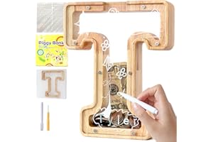 Lakpopya Salvadanaio in Legno per Bambini Salvadanaio Lettre Personalizzato di A-Z Salvadanaio Apribile Trasparente per Decorazione Regalo Battesimo (T)