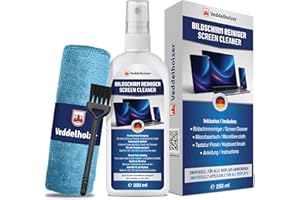 Veddelholzer 250 ml Bildschirmreiniger Set – Displayreiniger mit Mikrofasertuch & Tastaturpinsel – Für Laptop, Monitor, TV, Smartphone, Auto Display – Streifenfreie Reinigung für alle Bildschirme