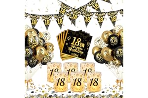 Puosike 18 Geburtstag Deko Junge Mädchen, 18. Schwarz Gold Geburtstagsdeko Luftballons Tischdeko, Happy Birthday Party Dekoration Set mit Banner Lantern Napkins Confetti