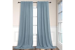 PITALK Blue Grey Curtains 98 Inch Long Living Room 2 Panels Set Back Tab Pocket Floor Length Flax Linen Semi Sheer Vintage Light Blue Country House 8 Feet
