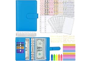 Carpeta de Presupuesto A6, MARICATO 29Piezas Carpeta de Cuaderno 6 Anillas de PU, con Bolsas de Transparente con Cremallera, Hojas de Presupuesto, Pegatinas, Indice de Clasificación, Regla, Azul Cielo