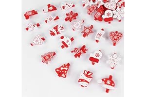 ilauke 60 mollette in legno di Natale, colore rosso e bianco, 10 motivi di Natale, fiocchi di neve, guanti con corda di canapa da 10 m, per targhette, foto, fai da te, decorazioni natalizie