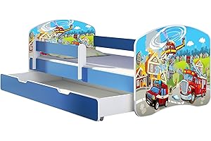 ACMA Children’s Bed, Teenager Bed, Blue, with 1 Drawer, Mattress, Fall Protection, Slatted Frame II 140 x 70/160 x 80/180 x 80 cm (36 Fire Brigade, 180 x 80 cm + Bedding Box)