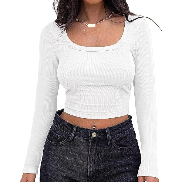 Maglietta donna girocollo manica lunga basic slim crop t-shirt maglia a coste t-shirt top moda streetwear tunica donna manica lunga elegante, cachi, S