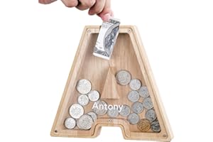 TsunNee Drewniana skarbonka, skarbonka z literami, moneta, skarbonka z przezroczystymi naklejkami alfabetowymi, oszczędzająca pieniądze dla dzieci, prezent urodzinowy, dekoracja domu, jasne drewno A,