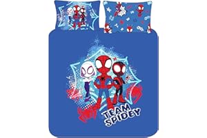DISNEY Spidey and His Amazing Friends Double Duvet Cover Set – Team Spiderman Bedding for Kids – Official Marvel – Polycotton – Spider-Man, Ghost-Spider & Miles Morales Boys Blue Reversible Set (Double)