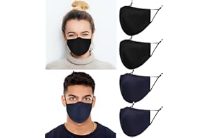 ecotru UK 4 Pack Reusable Cotton Face Masks, 2 Navy Blue, 2 Black Mask with Nose Wire for Glass Wearers, 3-Ply Washable & Breathable Fabric with Filter Pocket & Adjustable Loops