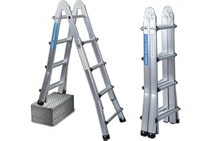 UZIRO Escalera Telescópica Plegable Articulada de Aluminio 4x4, Escaleras Multiposición Extensibles 3,99 M, 4 Peldaños, Soporta hasta 150 KG, Plegable y Compacta.