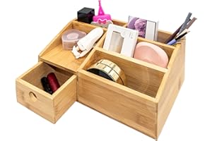BESCH Organizador Cométicos de Bambú con Separadores y Cajón 25x15x11cm - Caja Almacenamiento para Maquillaje - Organizador de Escritorio
