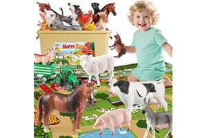 FRUSE Animali Giocattolo per Bambini con 120x80 cm Tappeto, 38 Pezzi Fattoria Animali Bambini con Fattoria Animali Figure,Trattore Giocattolo e Recinti, Giochi Educativo per Bambini 3 4 5 6 anni