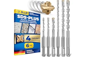 S&R Set Punte Trapano SDS-Plus a 4 taglienti - 6 Punte per CEMENTO ARMATO e Muratura. Ø 5/6/8 x 11cm - 6/8/10 x 16cm. Punte Professionali per Trapani di Tutte le Marche.