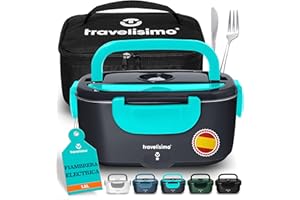 TRAVELISIMO Fiambrera Electrica 80W Taper Electrico para Comida 1,5L Fiambrera Termica 3 en 1 12V/24V/220V - Lonchera Termica Para Coche y Camión, Marmita Electrica en Acero Inoxidable
