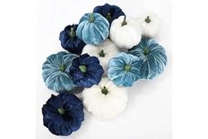 SOIKOI AnyDesign 12Pcs Velvet Pumpkin Assorted Fall Halloween Artificial Pumpkins 2 Sizes Blue White Fake Fabric Pumpkin Autumn Table Centerpiece for Thanksgiving Harvest Party Mantel Farmhouse Decoration